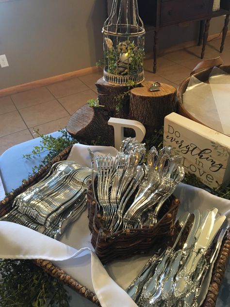 Silverware Display, Engagement Brunch, Wedding Silverware, Party Buffet Table, Buffet Set Up, Catering Food Displays, Buffet Table Decor, Bbq Catering, Food Bars