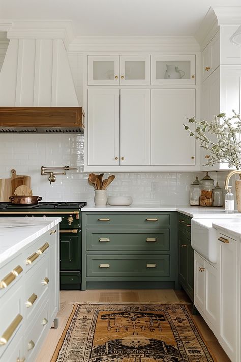 Two Tone Kitchen Cabinet Ideas for 2024 - Jenna Kate at Home Transitional Farmhouse Kitchen Design, Green Cabinets On Bottom White On Top, Bold Green Kitchen Cabinets, Dark Green Island White Cabinets, White Cabinets With Island Color, Kitchen White Cabinets Green Walls, Two Tone Cabinets Green, Kitchen Green Cabinets Modern, Green Kitchen Cabinets With Black Hardware