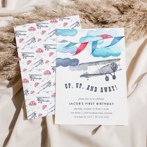 Up & Away | Vintage Airplane Birthday Party Invite Vintage Airplane Birthday Party, Plane Birthday, Vintage Airplane Birthday, 92nd Birthday, Planes Birthday, Airplane Theme, Airplane Birthday Party, Vintage Airplane, Vintage Birthday Cards