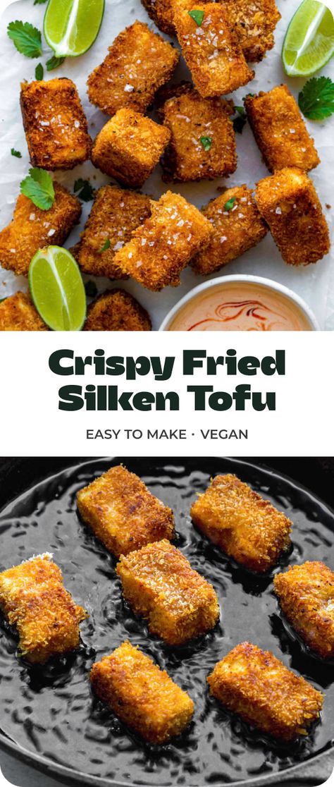 This Fried Silken Tofu is super crispy on the outside, and light and creamy on the inside. It's easy to make, using just a few pantry ingredients! Enjoy with our sriracha mayo or your favorite dipping sauce. Crispy Silken Tofu, Crispy Orange Tofu, Fried Silken Tofu, Tofu Silken Recipes, Firm Silken Tofu Recipes, Savory Silken Tofu Recipes, Fry Tofu Recipes, Silky Tofu Recipes, Silken Tofu Recipes Dinner