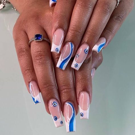 Evil Eye Nail Designs, Pretty Nail Designs Acrylics, Evil Eye Nail, Sqaure Nails, Nail Options, Turkey Nails, Cool Nails, Glitter French Nails, Future Nails