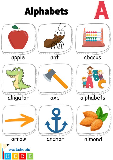 Alphabet A Words with Pictures, Letter A Vocabulary with Pictures - WorksheetsHere.com Alphabet Words Pictures, Letter A Words And Pictures, Words With Letter A, Letter A Pictures, Alphabet With Pictures, English Alphabets With Pictures, Learn English Kid, Letter A Words, A Words