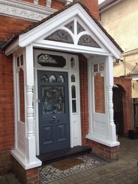 Victorian Door Canopy, Victorian Porch Ideas, Front Door Navy, English Porch, Timber Porch, Sutton Surrey, Victorian Front Door, Porch Extension, Victorian Front Doors