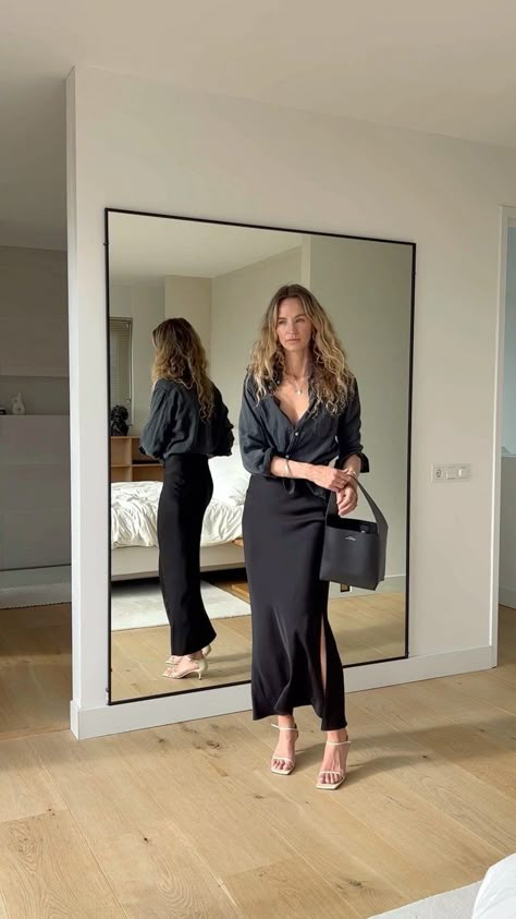 Black Maxi Shirt Dress Outfit, Black Satin Shirt Dress Outfit, Satin Dress Outfit Summer, Shirt And Maxi Skirt, Black Shirt Black Skirt Outfit, Black Shirt With Skirt, Satin Midi Skirt Outfits Party, Satin Shirt And Skirt Outfit, Satin Shirt Outfit Street Style