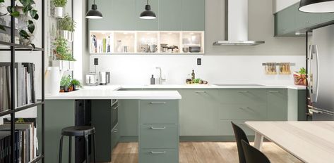 Matte Gray-Green Kitchen Cabinets – BODARP Series - IKEA Bodarp Kitchen, Ikea Bodarp, Kitchen Cabinets Ikea, Cabinets Ikea, Cabinet Ikea, Ikea Kitchen Planner, Cabinet Installation, Kohler Kitchen, Kitchen Ikea