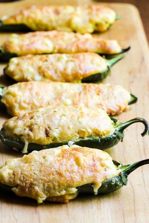 Jalapeño halves are filled with cornbread for a perfect party appetizer. Jalapeno Cornbread Poppers, Jalapeño Cornbread, With Cornbread, Authentic Mexican Recipes, High Altitude Baking, Jalapeño Poppers, Green Peppers, Party Appetizer, Snacks Für Party