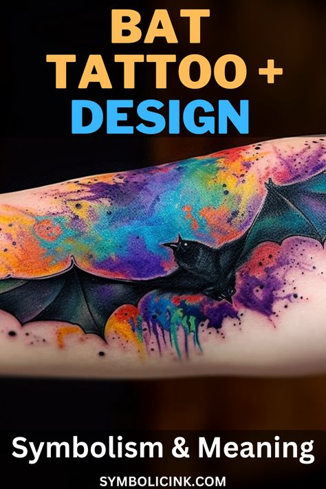 Bat Tattoo Meaning and Symbolism Bat Tattoo On Wrist, Watercolor Bat Tattoo, Cute Bat Tattoo Ideas, Bat Symbolism Meaning, Bat Symbol Tattoo, Bat Spiritual Meaning, Bat Symbol In The Sky, Bat Tattoo Ideas, Bat Tattoos