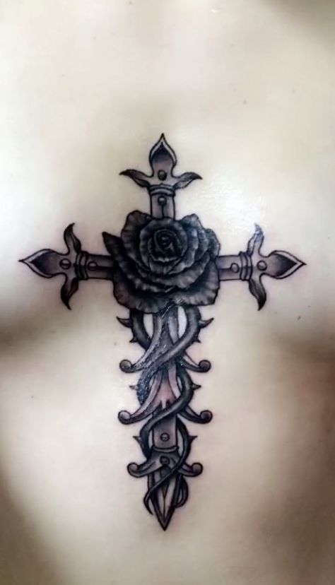 Cross In Between Chest Tattoo Female, Cross Between Chest Tattoo, Cross Sternum Tattoo Women, Cross Sternum Tattoo, Cross Chest Tattoo Female, Upside Down Rose Tattoo Sternum, Gothic Sternum Tattoo Women, Rosary Tattoo, Underboob Tattoo