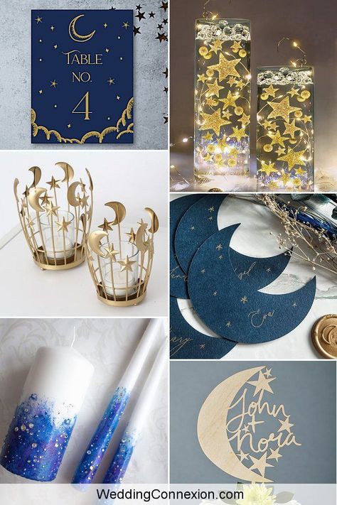 Get ready to make your big day sparkle and shine like the night sky with a starry night wedding decor. Inspired by the night sky, transform an ordinary venue with a celestial theme decor that revolves around the moon and shimmery stars in dark blue, gold, silver and black. A starry night wedding decor makes for a dreamy and romantic theme with ideas from WeddingConnexion.com Galaxy Inspired Wedding, Space Themed Wedding Centerpieces, A Night With The Stars Theme, Written In The Stars Engagement Party, Starry Wedding Decor, Celestial Table Centerpiece, Night Sky Wedding Decor, Starry Night Bridal Shower Ideas, Starry Night Gender Reveal