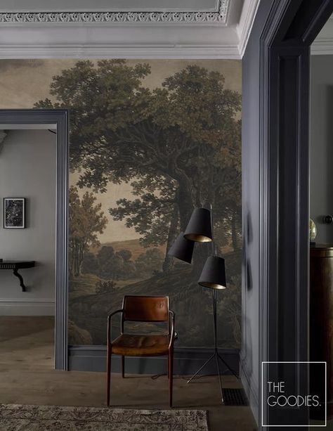 The wallpaper showcases a beautiful, detailed tree and landscape scene. The mural adds depth and a focal point to the room. Ideal for those looking to incorporate art and nature into their interior design, this mural wallpaper transforms the space into a relaxing, elegant retreat. MATERIALS: * * * REGULAR PAPER MATERIAL - Basic: Basic, thick paper material with a satin finish. Regular, paste-the-paper application. For better results, the wall should be light and smooth. The material reflects lig Wallpapered Gallery Wall, Wallpaper For Tall Walls, Landscape Wallpaper Bathroom, Wallpaper Wall Mural, Wall Tree Mural, Mural Wallpaper Entryway, Black Walls Wallpaper Ceiling, Moody Wallpaper Entryway, Classic Bathroom Wallpaper