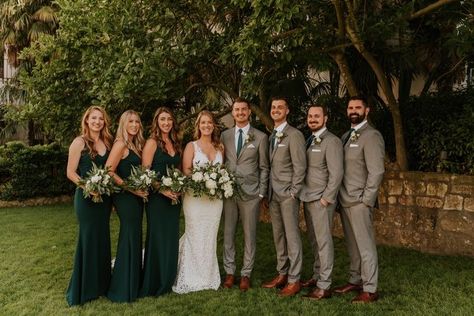 Greenery Wedding Outfit, Suits For Green Wedding, Dark Green Tuxedo Wedding Groom Style, Emerald Green And Tan Wedding Party, Hunter Green Wedding Bridal Party, Wedding Party Attire Green, Hunter Green Wedding Groomsmen, Wedding Party Green Dresses, Groomsmen Tux Colors