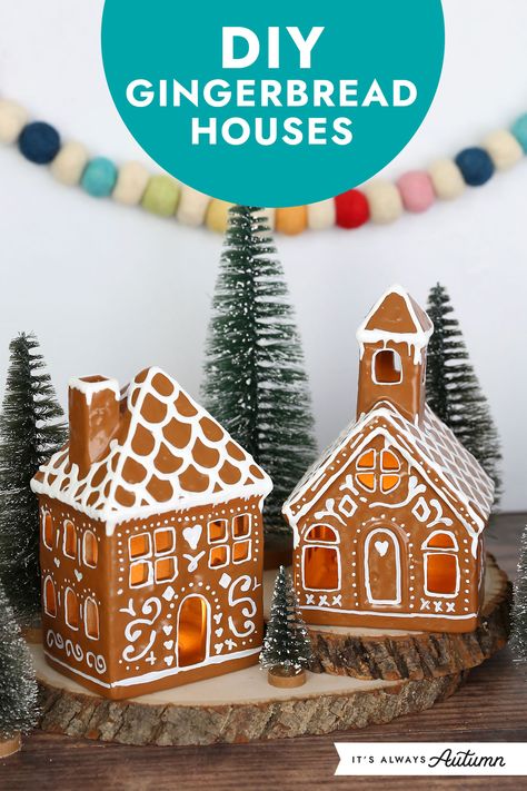 DIY gingerbread houses. Diy Gingerbread Houses, Gingerbread Diy Crafts, Pottery Barn Hacks, Gingerbread House Craft, Ginger Bread House Diy, Diy Gingerbread, Easy Christmas Craft, Gingerbread House Designs, Pottery Barn Christmas