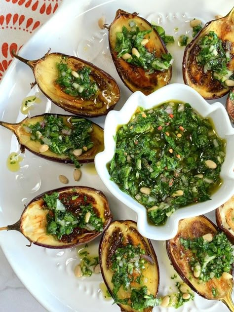 Baby Eggplant with Italian Style Salsa - Proud Italian Cook Baby Eggplant Recipes, Italian Eggplant Recipes, Italian Salsa, Baby Eggplant, Eggplant Dishes, Grilled Eggplant, Spaghetti Carbonara, Tasty Foods, Eggplant Recipes