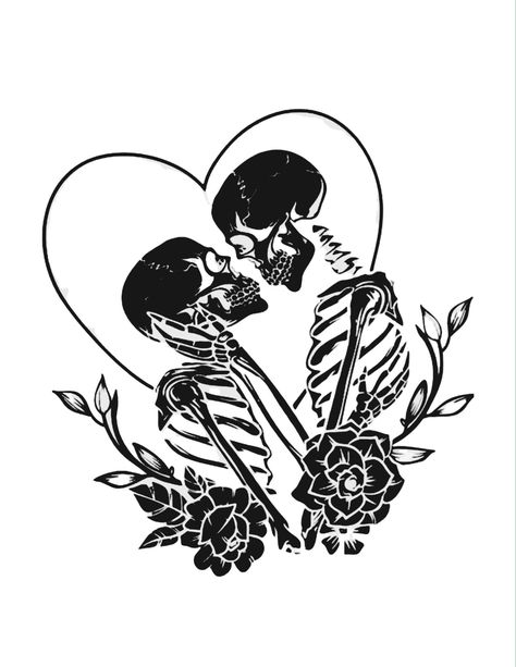 Skeleton Lovers Tattoo Design, Skeleton The Lovers Tattoo, Romantic Skeleton Tattoo, Spooky Love Tattoo, Love Spell Drawing, Your Coffin Or Mine, Edgy Matching Tattoos Couples, Skeleton And Rose Tattoo, Skeleton Love Drawing