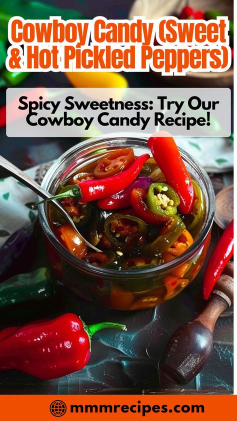 Saddle up for flavor country with this cowboy candy recipe! These sweet and spicy pickled peppers are perfect for sandwiches, charcuterie boards, or as a zesty snack. 🤠🌶️🍬 #CowboyCandy #PickledPeppers #SpicySweet #HomemadeGoodness #FlavorfulRecipes Cowboy Candy Recipe, Pickled Peppers Recipe, Pickled Jalapeno Recipe, Mini Peppers Recipes, Pickled Pepper Recipe, Sweet Banana Peppers, Pickled Vegetables Recipe, Cowboy Candy, Pickled Peppers