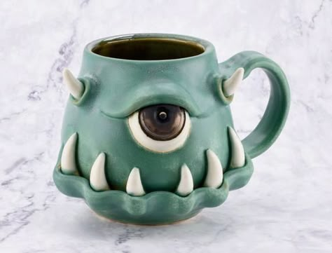 Monster Mugs, Monster Mug, Ceramic Monsters, Clay Monsters, Monster Collection, Green Porcelain, Sculpture Art Clay, Clay Mugs, Pinch Pots