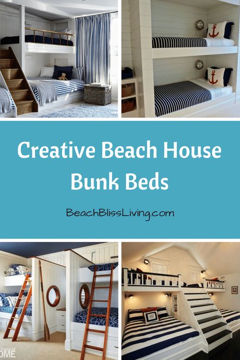 Spruce Up a Bedroom with these Creative Beach Bunk Beds - Beach Bliss Living Bunkroom Beach House, Beach Condo Bunk Room, Bunk Beds Beach House, Coastal Bunk Room Ideas, Beach House Bedroom Bunk Beds, Beach House Beds, Coastal Bunk Bed Rooms, Built In Bunk Beds Beach House, Coastal Bunk Beds