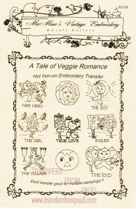 Hearts A Tale of Veggie Romance MaMaw's Vintage Embroidery Hot Iron Transfer   Description: MaMaw's Vintage Embroidery hot iron transfers #M108 - A Tale of Veggie Romance. Bring a touch of nostalgia to your kitchen with these classic 1940’s motifs! The drama of romance will be played-out on your towels, apron & potholders - as our hero ‘Tomato’ seeks to save his lady love ‘Lettuce’ from the nefarious villain ‘Potato’. Sure to bring a smile - make a set for yourself, that special friend or family Luv Letter, Vintage Embroidery Transfers, 동화 삽화, Iron On Embroidery, Coupon Binder, Embroidery Transfers, Embroidery Patterns Vintage, Hot Iron, Embroidery Craft