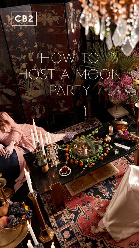 how to host  full moon party Moon Party Ideas, Cb2 Style, Goddess Party, Modern Halloween Decor, Moon Circle, Halloween Entertaining, Full Moon Party, Witch Party, New Moon Rituals