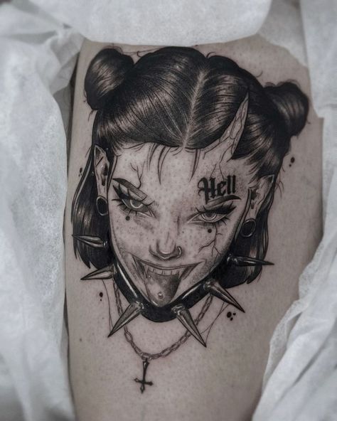 Satanic Woman Tattoo, Devil Horns Drawing, Devil Girl Tattoo, Demon Girl Tattoo, Succubus Tattoo, Cool Marvel, Devil Tattoo, Devil Girl, Marvel Tattoos