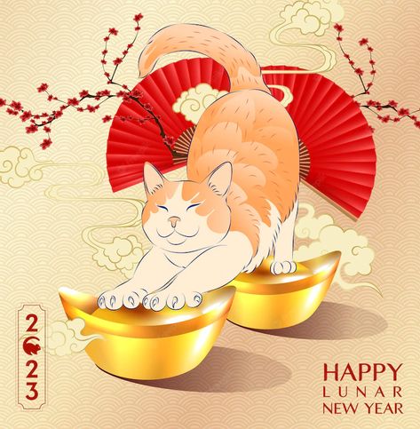 Happy Lunar New Year 2023, Year Of The Cat, 2023 Chinese New Year, Cat 2023, Lunar New Year 2023, 2023 Rabbit, Chinese Wallpaper, Cat Years, New Year Illustration