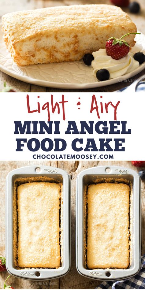 Light & Airy Mini Angel Food Cake are prepared in small loaf pans using whipped egg whites and without cream of tartar. There is technique required in preparing this angel food cake recipe from scratch, but I will walk you through the process to ensure your success. Serve with fresh berries and whipped cream. Single Serve Angel Food Cake, Cake With Egg Whites Only, Angel Food Cake Loaf Pan, Easy Angel Food Cake Recipes 2 Ingredients, Small Batch Angel Food Cake, Best Angel Food Cake Recipe, How To Make Angel Food Cake, Angel Food Cupcakes From Mix Boxes, Desserts With Egg Whites