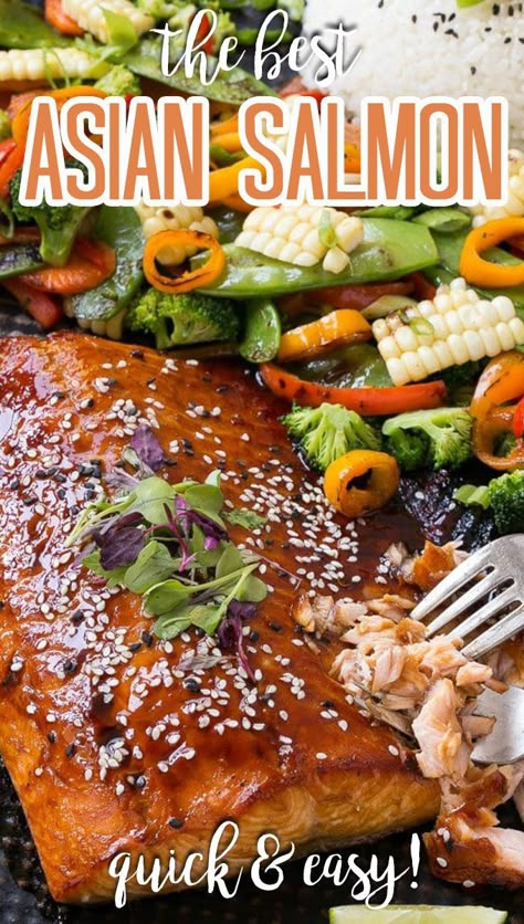 This Asian salmon is an easy and healthy dinner choice. The salmon and vegetables cook together on the same pan and are coated in a hoisin lime glaze. Salmon With Vegetables, Healthy Dinner Choices, Salmon And Vegetables, Asian Salmon Recipes, Asian Vegan Recipes, Orlando Christmas, Mediterranean Fish, Louisiana Dishes, Lime Glaze