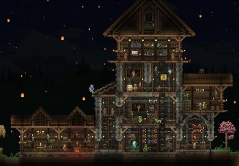 Terraria Forest House Build Cabin Mansion Terraria Gothic House, Terraria Mansion, Terraria Base Ideas, Forest Mansion, Terraria Castle, Terraria Base, Terraria Houses, Terraria Game, Terrarium Base