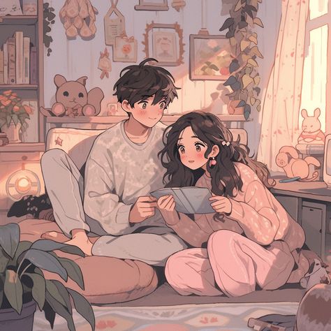 Comfy Anime Aesthetic, Comforting Anime Aesthetic, Wholesome Anime Couple, Wholesome Manga Couple, Cozy Anime Character, Wholesome Couple Art, Cute Cuddles Anime Bed, Wholesome Couple, Wholesome Art