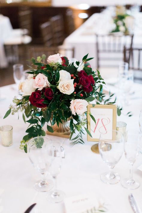 Wedding Flowers - green, dark red, peach, and ivory w/ gold accents Beautiful Wedding Centerpiece, Flowers And Greenery, Unique Wedding Flowers, Wedding Floral Centerpieces, Flower Centerpieces Wedding, Wedding Flower Arrangements, Wedding Table Centerpieces, Reception Decor, Red Wedding