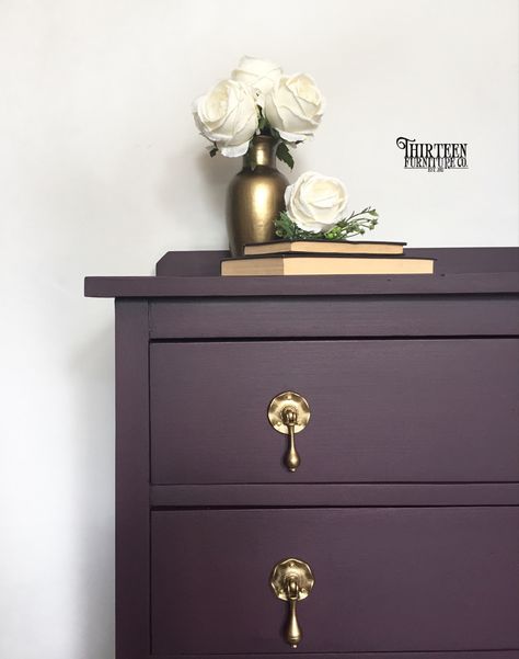 Purple Upcycled Furniture, Plum Dresser Painted Furniture, Eggplant Chalk Paint Furniture, Purple Dresser Bedroom, Dark Purple Painted Furniture, Purple Dressers Painted, Dark Purple Nursery, Mauve Dresser, Dark Purple Furniture