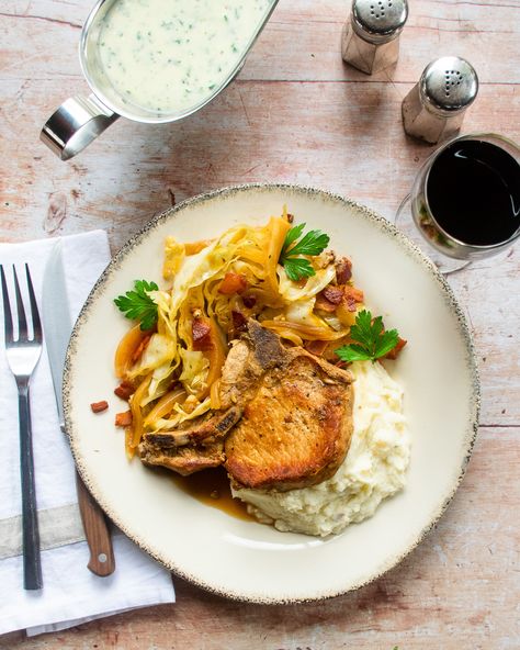 While the perfect dish for St. Patrick's Day, I think these Braised Pork Chops and Cabbage is perfect for a cool, fall night. It's a delicious and comforting meal that cooks altogether for a fantastic flavor profile. I prefer braising pork chops because they can tend to be overcooked, but braising them ensures they stay in a liquid to hold on to that moisture. The braising time will depend on the thickness of your chops, but I have an easy guide in my recipe to help you get them perfect! T... Pork Chops And Cabbage, Braised Pork Chops, Fall Night, Braised Pork, Autumn Night, Flavor Profiles, Pork Chops, Hold On, Quick Saves