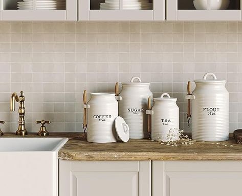 Flour Canister Set, Canister Sets For Kitchen, Kitchen Mantle, Ceramic Kitchen Canister Sets, Farmhouse Lifestyle, Farmhouse Canisters, Tea Coffee Sugar Canisters, Ceramic Kitchen Canisters, White Canisters