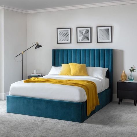 Fabric bed available DM for order #namaslay #namaslaydecor #namaslaydesigns #namaslayproducts #namaslaycustomstore #deliveryavailable Teal Headboard Bedroom, Scalloped Headboard, Ottoman Base, Maximise Storage, Teal Bedding, Ottoman Storage Bed, Super King Size Bed, Superking Bed, Bedroom Décor