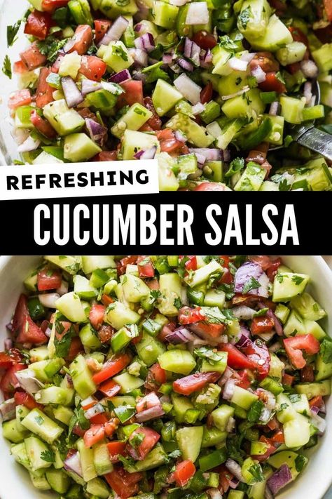 This Cucumber Salsa is easy to make and incredibly bright and refreshing! It's perfect for eating with crispy tortilla chips or on tacos, enchiladas, and grilled meats. Paleo Cucumber Recipes, Tomato Cucumber Salsa, Cucumber Recipes Healthy Snacks, Veggie Salsa, Garden Canning, Cucumber Salsa Recipe, Isabel Eats, California Chicken, Marinated Cucumbers