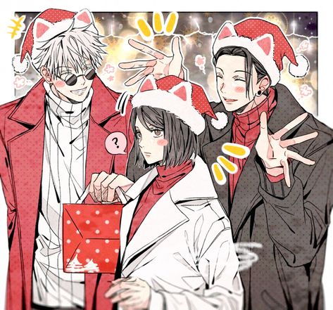 Jjk Christmas Fanart, Gojo Christmas Fanart, Jjk Christmas Icons, Gojo Christmas, Anime Trio, Jjk Art, Cat Santa Hat, Christmas Anime, Sans Art