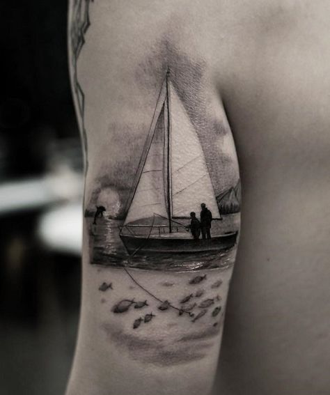 Boat sleeve tattoo - 100 Boat Tattoo Designs  <3 <3 Small Sailboat Tattoo, Ship Wheel Tattoo, Mens Side Tattoos, Small Traditional Tattoo, Calf Tattoo Men, Thigh Tattoo Men, Sailboat Tattoo, Boat Tattoo, Wheel Tattoo