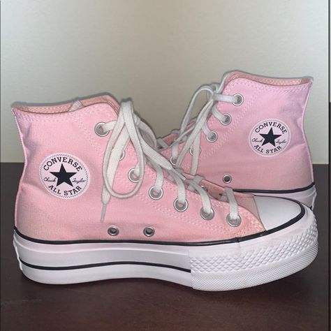 Pink platform high top Converse Pink Chunky Converse, Sunrise Pink Converse, Light Pink Converse Platform, Light Pink High Top Converse, Converse Pink Platform, Platform Pink Converse, Pink Converse Aesthetic, Converse High Tops Platform, Pink Platform Converse