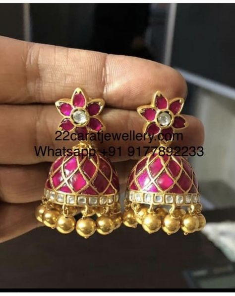 Ruby Jumka, Polki Chandbali, Kundan Jhumkas, Labret Jewelry, Gold Jhumka Earrings, Silver Jewellery Indian, Simple Look, Antique Gold Jewelry, Traditional Earrings