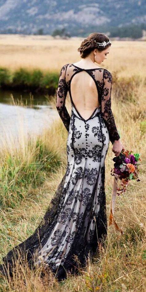 gothic black and white wedding dresses trumpet open back with long sleeves . See more: https://www.weddingforward.com/gothic-wedding-dresses/ #weddingforward #wedding #bride #bridalgown #blackweddingdress Black White Wedding Dress, Black Dress Wedding, Black Lace Wedding Dress, Gothic Wedding Dresses, Black Lace Wedding, Wedding Dress Black, Edgy Elegance, Gothic Ideas, Black Wedding Dress