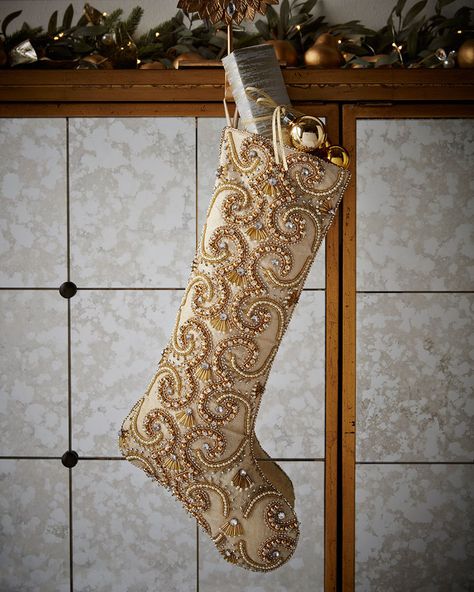 Kim Seybert Champagne Scroll Christmas Stocking Peacock Christmas, Designer Decor, Kim Seybert, Gold Beauty, Stocking Tree, Holiday Stockings, Victorian Christmas, New Years Decorations, Christmas Socks