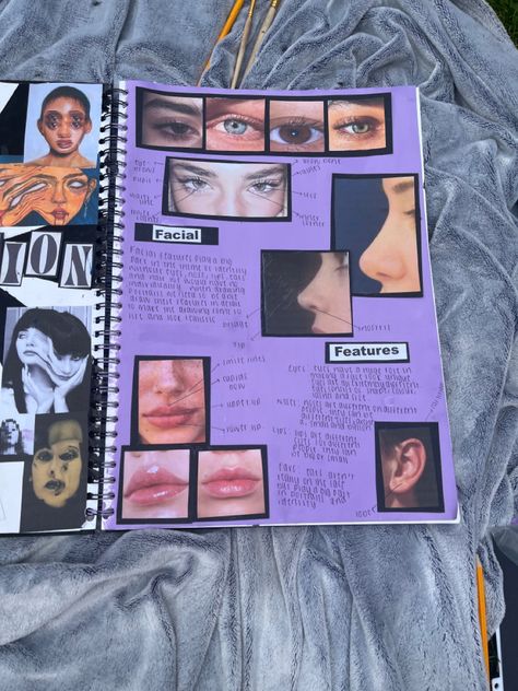 Gcse Art Sketchbook Facial Features, Facial Features Art Gcse Page, Facial Features Art Gcse, Art Portfolio University, Drama Portfolio, Gcse Drama, Artist Research Page, Gcse Sketchbook, Makeup Artist Portfolio