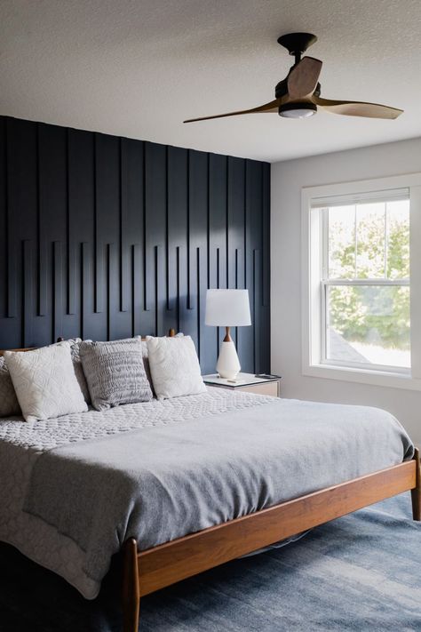 [Ad] 32 Most Saved Master Bedrooms With Accent Wall Paint Tricks You'll Be Glad You Discovered In No Time #masterbedroomswithaccentwallpaint Wall Behind Bed, Dark Blue Bedrooms, Black Feature Wall, Feature Wall Bedroom, Blue Accent Walls, Bedroom Accent, Hunter Fan, Accent Wall Bedroom, Primary Bedroom