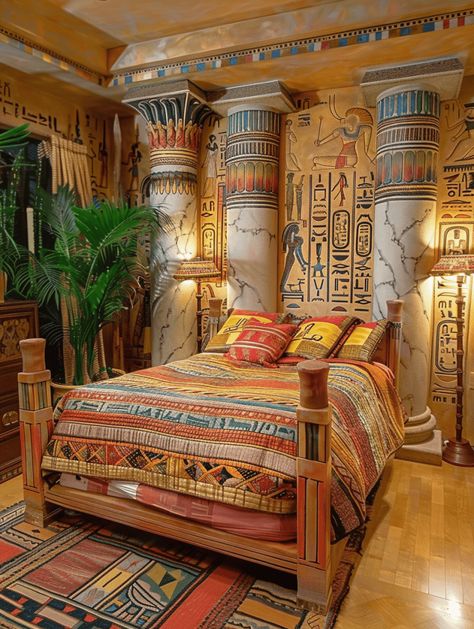 Egyptian Bedroom Ideas: Adorned with Egyptian-Themed Decor Egyptian Bedroom Ideas, Egyptian Room, Egyptian Bedroom, African Bedroom, Academia Room, Royal Bedroom, Bathroom Hacks, Egyptian Inspired, Small Room Bedroom