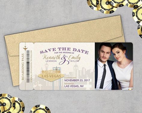 Las Vegas Ideas, Save The Date Photo Ideas, Destination Save The Date, Boarding Pass Save The Date, Save The Date Destination, Vegas Ideas, Destination Wedding Welcome Bag, Vegas Weddings, Creative Invitations