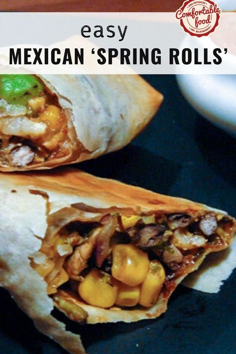 These 'spring rolls' are a great idea for an easy Mexican appetizer. Dip them in salsa and sour cream, and spice up any party with this great Mexican #appetizer idea.#easyrecipes #onthetable #rolls |comfortablefood.com Mexican Spring Rolls, Mini Chimichangas, Mexican Appetizers Easy, Mexican Appetizer, Mexican Appetizers, Easy Pasta Dishes, Delicious Appetizer Recipes, Quick Appetizers, Phyllo Dough