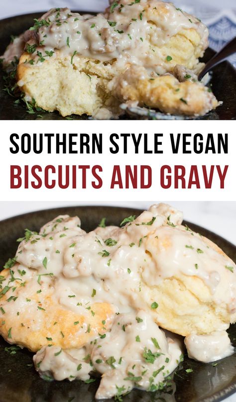 Vegetarian Gravy Biscuits, Vegetarian Biscuits And Gravy Recipes, Veggie Biscuits And Gravy, Vegan Gravy For Biscuits, Gf Vegan Breakfast, Vegetarian Southern Food, Southern Vegetarian Recipes, Southern Vegan Recipes, Dairy Free Biscuits And Gravy