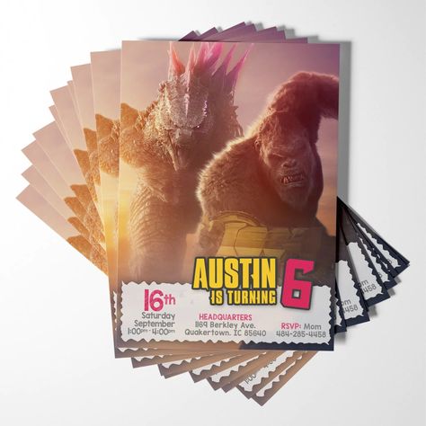 Throw an unforgettable Kong X Godzilla birthday bash with roar-some invitations! Invite your friends and family to a legendary celebration with our custom Kong X Godzilla party invitations featuring everyone's favorite kaiju, Godzilla! CHOOSE FROM TWO OPTIONS: * Printed invitations: Get high-quality 5x7" Godzilla birthday invitations delivered straight to your door. * Digital invitations: Save money and time with downloadable Godzilla party invitations in PDF or JPG format. You can print ... Godzilla Invitations, Godzilla Party, Godzilla Birthday Party, Godzilla Birthday, Godzilla Movie, Movie Invitation, Kids Party Themes, Party Details, Birthday Poster