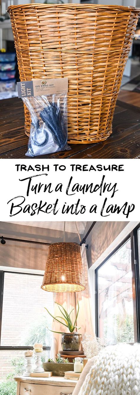 I turned a thrift store laundry basket into a hanging lamp. This cheap and easy DIY project takes a thrifted basket and transforms it into a beautiful DIY woven pendant light. Learn how to make your own hanging light using a basket, a lighting swag kit, some zip ties, and some white cord. This boho, farmhouse, cottage look is perfect in our Belgian country inspired living room. The natural textures are gorgeous. How to Turn a Laundry Basket into a Hanging Lamp Diy Hanging Light, Thrift Store Crafts, Swag Light, Basket Lighting, Diy Boho, Home Decor Baskets, Boho Farmhouse, Trash To Treasure, Diy Hanging