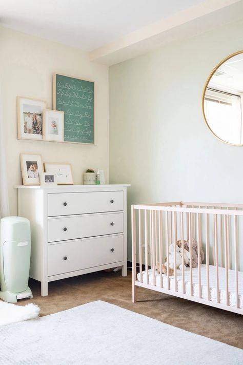 How to transition a nursery to toddler room » Megan Leigh Acosta, IKEA nursery, ikea gender neutral nursery, seafoam nursery, mint nursery, neutral nursery, alphabet art Seafoam Nursery, Toddler Room Design, Daybed Guest Room, Nursery To Toddler Room, Ikea Sniglar Crib, Ikea Crib, Kids Rooms Shared, Ikea Nursery, Mint Nursery